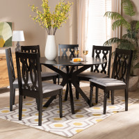Baxton Studio Callie-Grey/Dark Brown-7PC Dining Set Callie Modern and Contemporary Grey Fabric Upholstered and Dark Brown Finished Wood 7-Piece Dining Sete